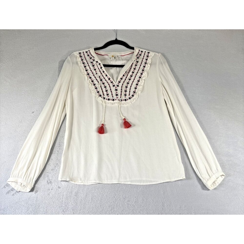 Boden Ivory Star Embroidery Polly Tassel Blouse Casual Long Sleeves Women's Sz 4